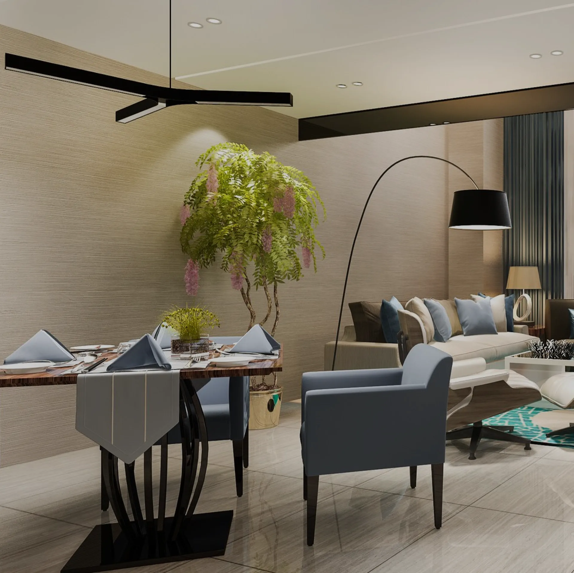 A dining room opening onto a living room, lit from one side
