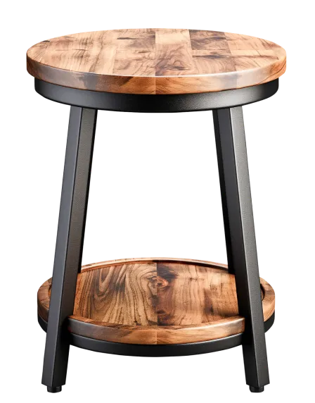 A low walnut coffee table with a rounded edge
